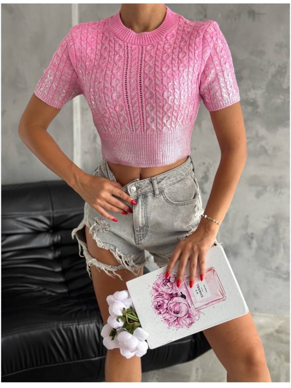 Zara Cable Knit Metallic Crop Sweater Pink M